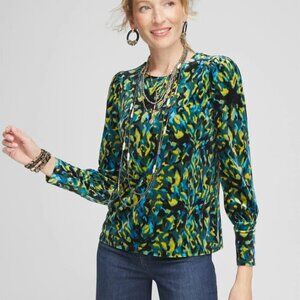 Chico's Ikat Velvet Long Sleeve Womens Top SZ 3 XL Black/Blue Tee Whimsical Boho